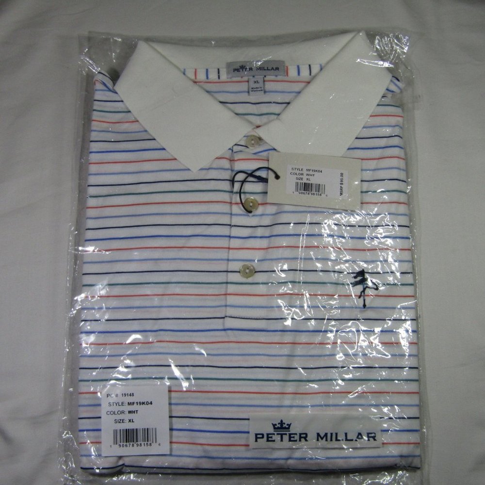 (XL) White with Thin Multicolored Stripes Polo